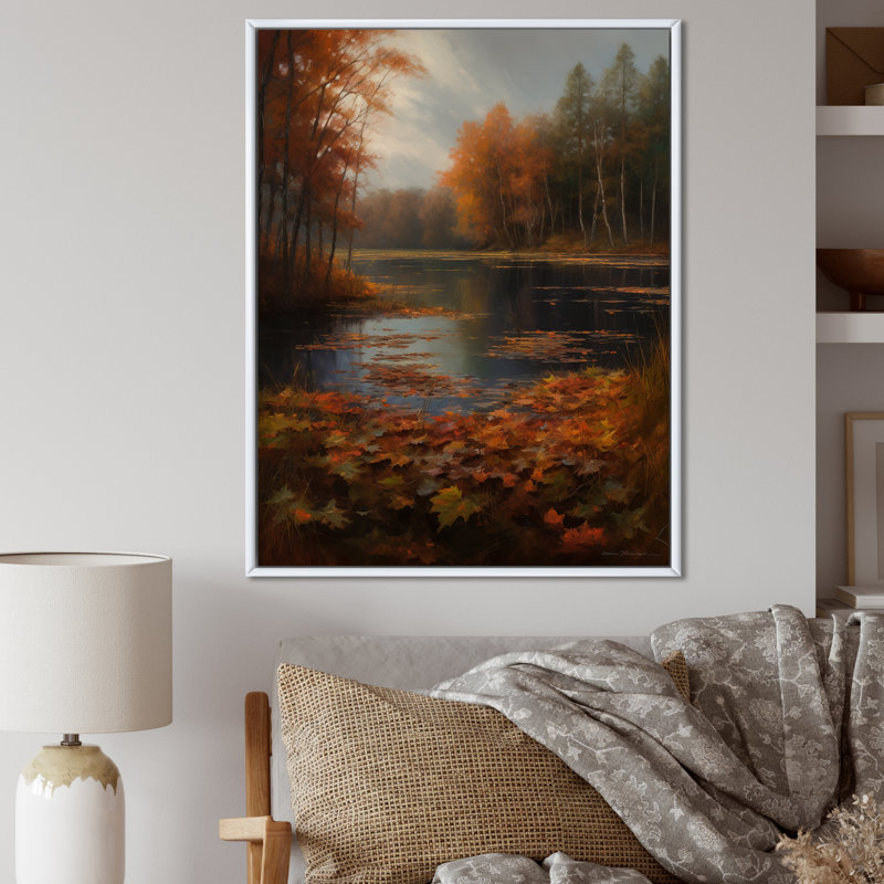 «A Misty Autumn Day At The Lake Watercolor I», reproduction sur toile, H 20 po x l 12 po x P 1 po, Cadre flottant blanc