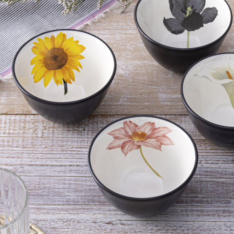Graphite and Cream Floral Matte Stoneware Mini Bowls Set of Four