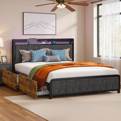  Full Size Modern Bed with Headboard, Linen Fabric Upholstered Storage Bed Frame with LED Lights, Headboard Charging Station, 4 Drawers, Noise-Free Platform Bed