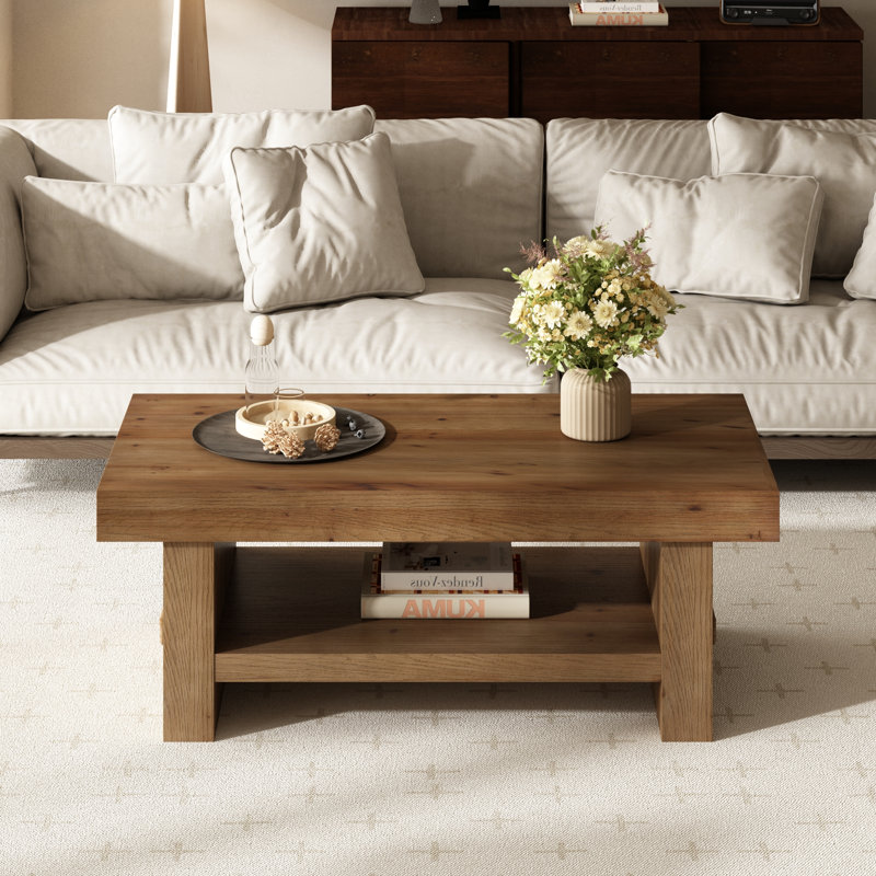 47'' Rectangle Solid Wood Coffee Table with Storage Shelf, Farmhouse 2-Tier Center Table for Living Room