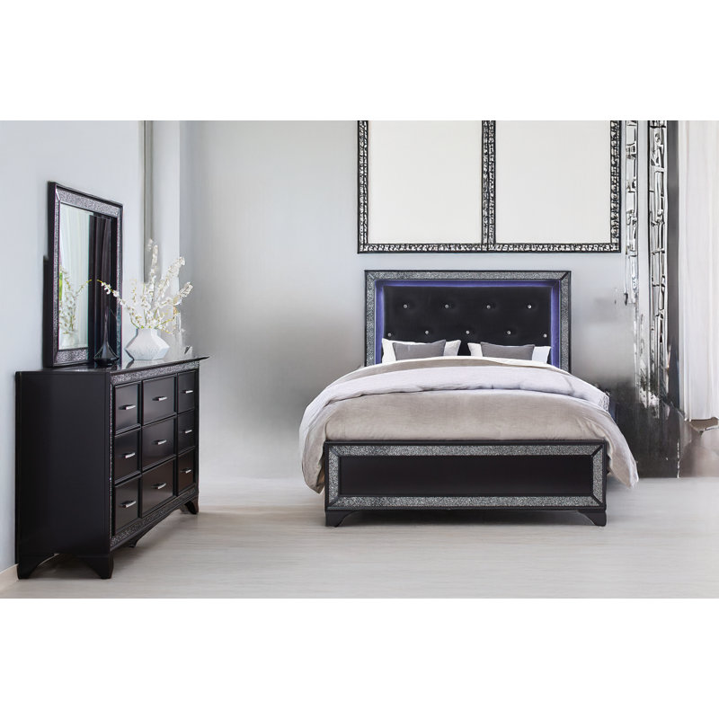 Geneva Black Faux Leather Upholstered Tufted LED Panel Bedroom Set, Grand