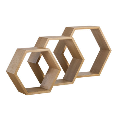 Universal Expert Abacus Hexagon Floating Shelves (3 Pieces), Small, Medium and Large, Oak