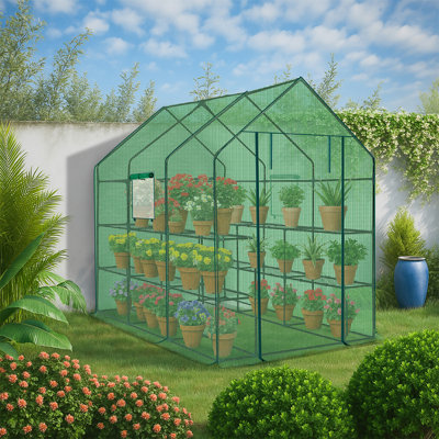Grande serre avec 12 tablettes et fenêtres latérales - Tente de plante portative en polyéthylène pour jardin, cour arrière, patio, 56 po x 85 po x 77 po, vert