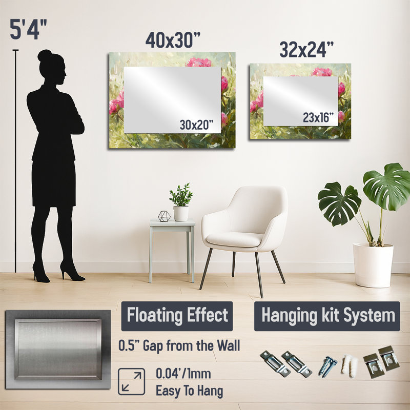 Pivoines par le champ de printemps II - art mural miroir décoratif floral - imprimé sur métal, 24" x 32"