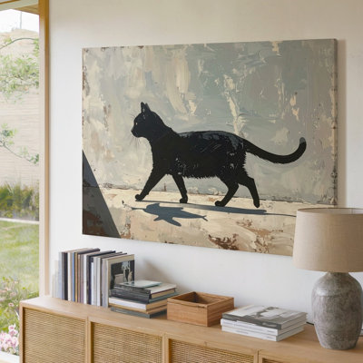 Art mural sur toile, chat noir fantaisiste avec ombre de poisson, art surréaliste minimaliste dans le mur, prêt à accrocher