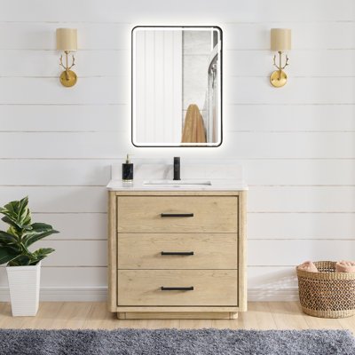 Meuble-lavabo sur pied simple 36 po avec plateau en quartz Calacatta et miroir Porto