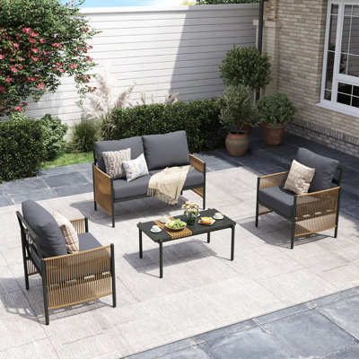 Outdoor Patio Furniture Set, 4 Piece Patio Conversation Sets with Coffee Table, HDPE Rope & Aluminum Armrests, All Weather Patio Set with Thick Cushions for Deck, Backyard, Graphite Grey