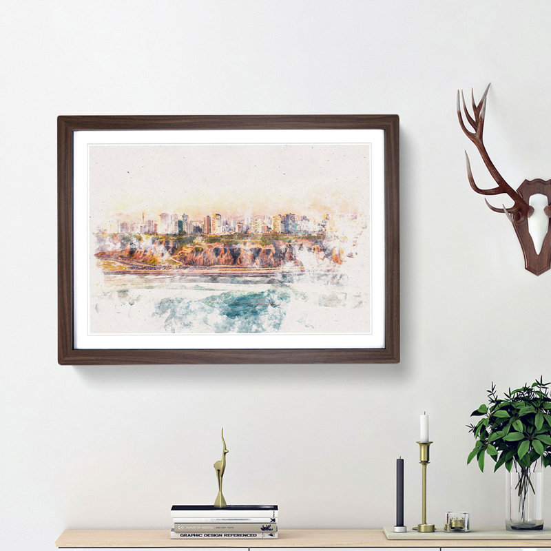 Lima Skyline in Peru Watercolour - Picture Frame Graphic Art Print, Walnut Framed, 33cm H x 45cm W x 2cm D