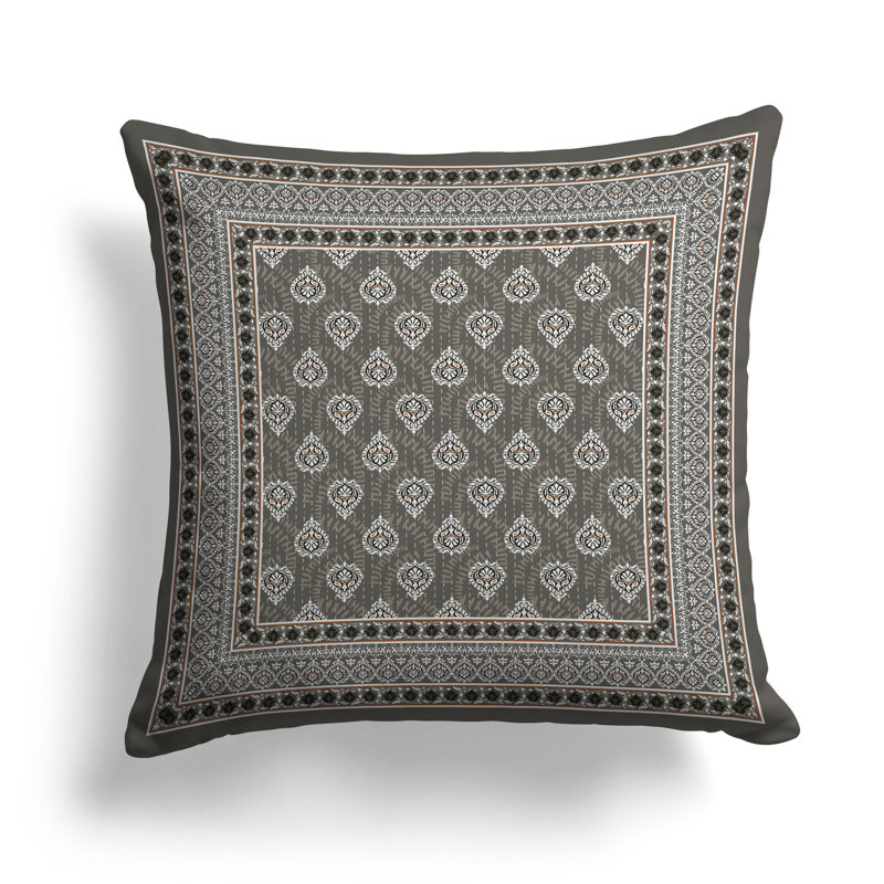 Kashmiri Blossom Block  Square Throw Pillow, 16"H x 16"W, White/Gray