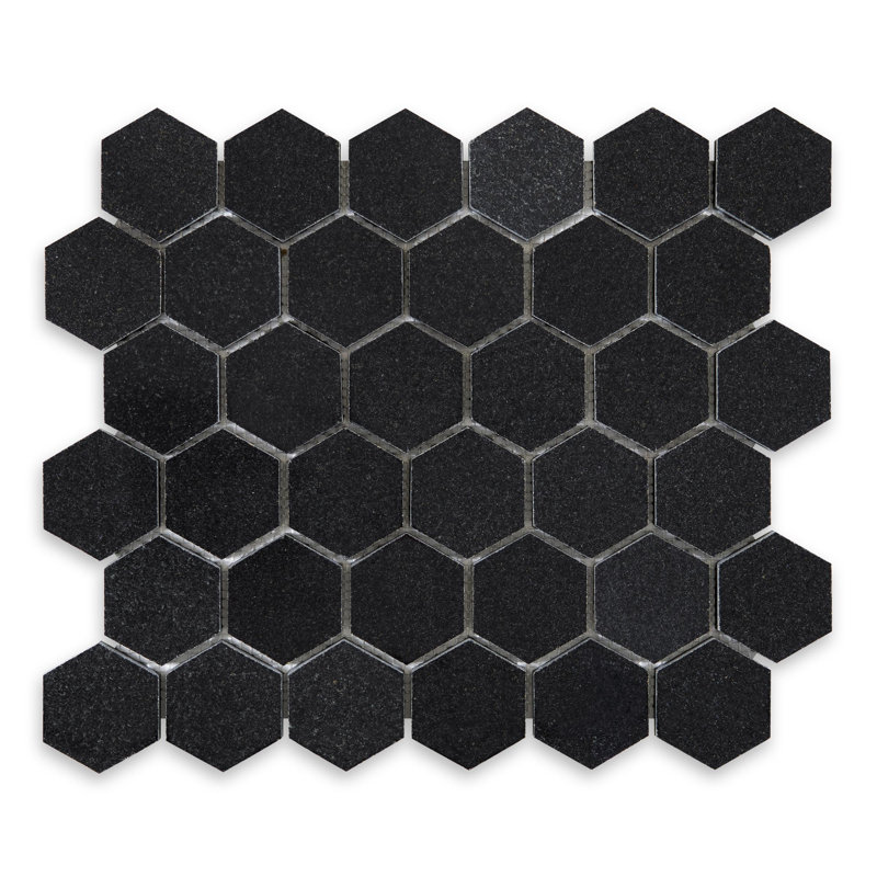 Absolute Black Polished Granite Hexagon Mosaic, 2" W x 2" L