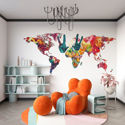 Adhésif décoratif carte du monde coloré, autocollant de carte de signe de paix, décoration murale chambre d'enfant, murale carte du monde chambre d'enfant, art mural de classe, 144 g