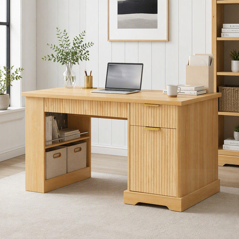 Bureau cannelé moderne avec armoire de rangement et tiroirs, bureau d'écriture pour ordinateur avec prise de courant, panneau perforé, tablettes intégrées et plateau à clavier pour bureau, salon, bureau à domicile