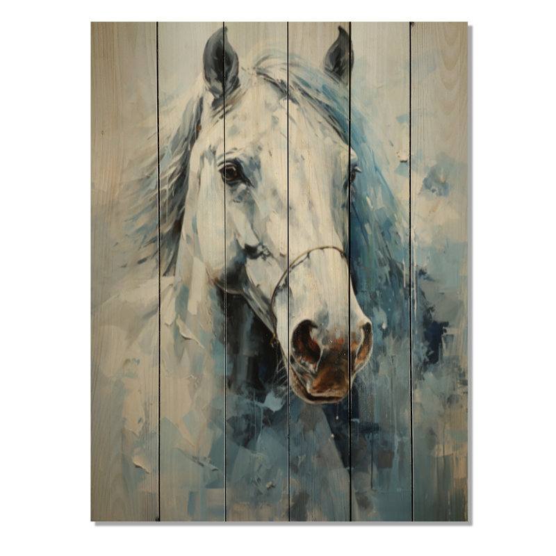 Cheval blanc bleu sérénité révélant le pointillisme II sur bois, H 40 po x l 30 po x P 0,78 po