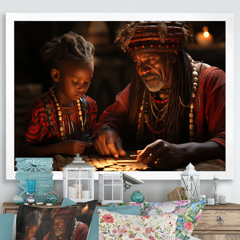 Sagesse africaine ancienne sur toile, H 16 po x l 32 po x P 1 po, Cadre simple blanc