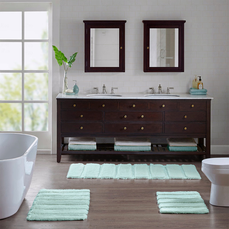 17X24" Plush Striped Bath Rug Set, Non-Skid Latex Backing, Machine Washable