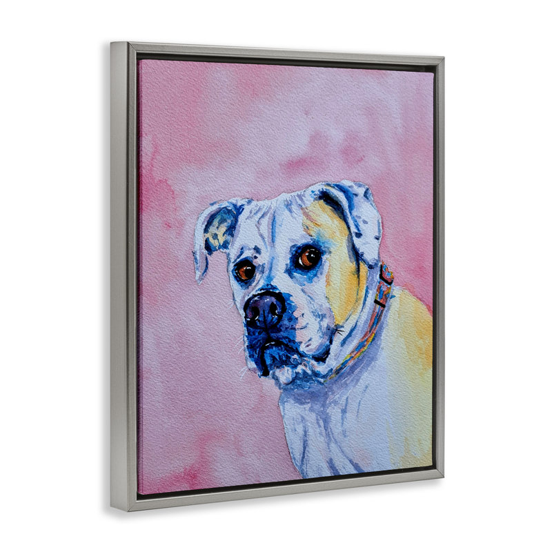 Chien regardant sur un cadre flottant rose, design par Tatiana Roberts, H 21 po x l 17 po, Cadre flottant gris lustré