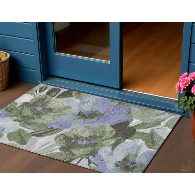 3' X 5' Olive Green And Fern Green Floral Washable Indoor Outdoor Area Rug