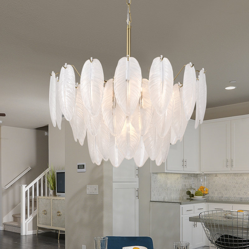 Paula 20.5 " Brushed Shiny Brass 7-light Glass Feather-shaped Chandelier