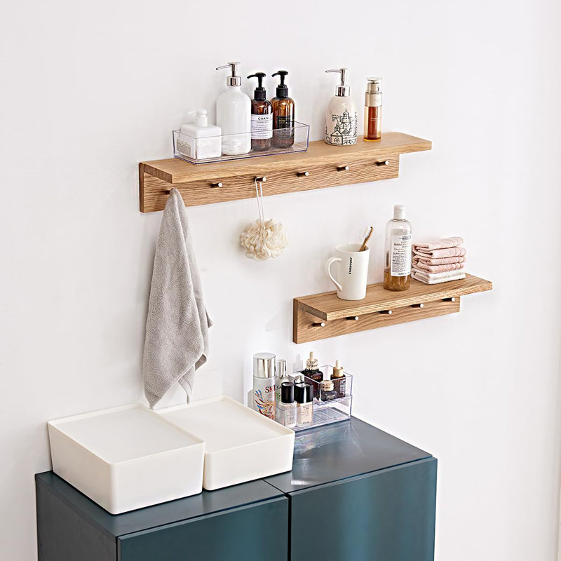 Bodak Wood Floating Shelf with Hooks, 11.00cm H x 70.00cm W x 14.00cm D