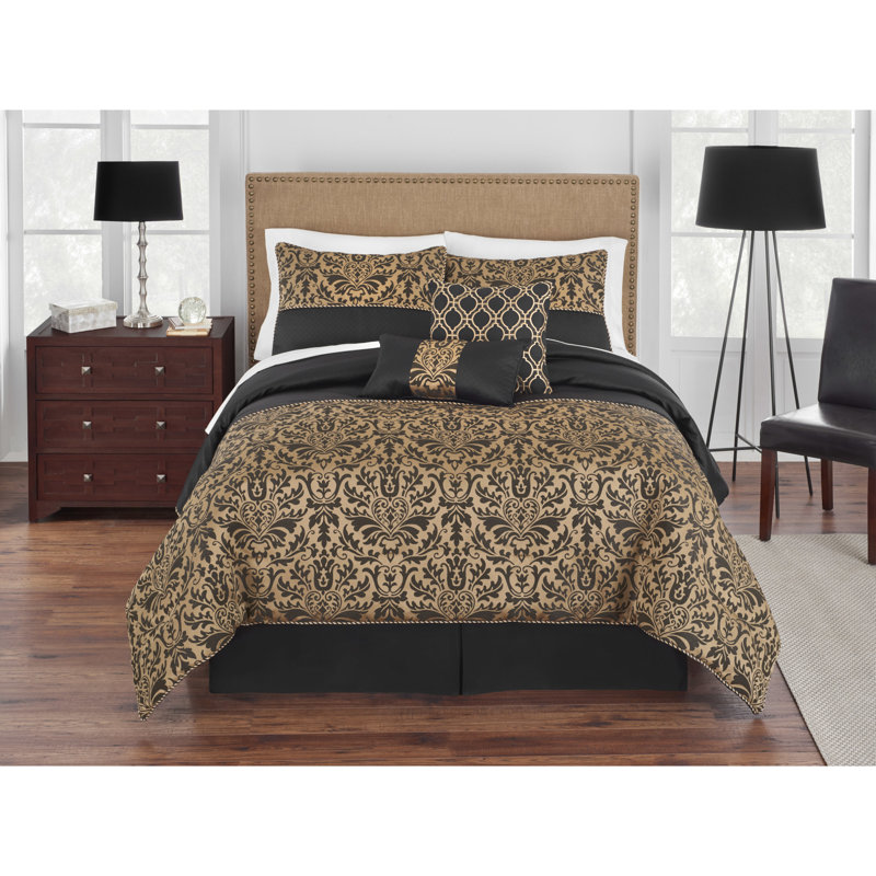 Ensemble d'édredon en microfibre doré / noir Grand Genevieve, Très grand