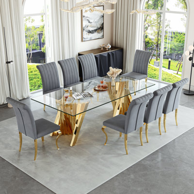 Rectangular Glass Dining Table Set For 8 People, Sleek Modern Design With Sculptural Metal Base, 94.49'' L X 47.24'' W