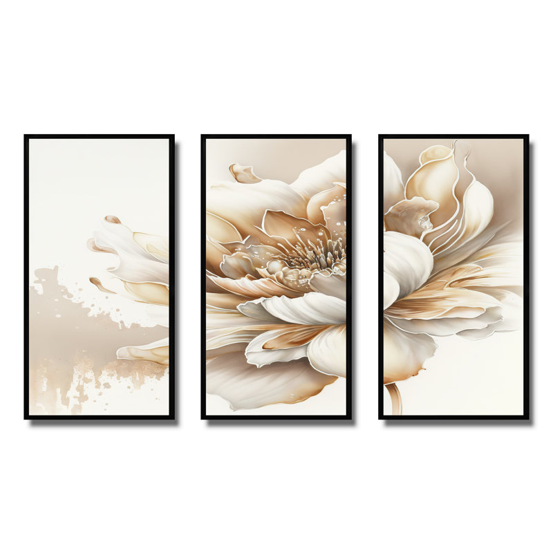 Blooming Beige Floral Design I - 3 pièces, reproduction sur toile, H 28 po x l 36 po x P 1 po, Noir