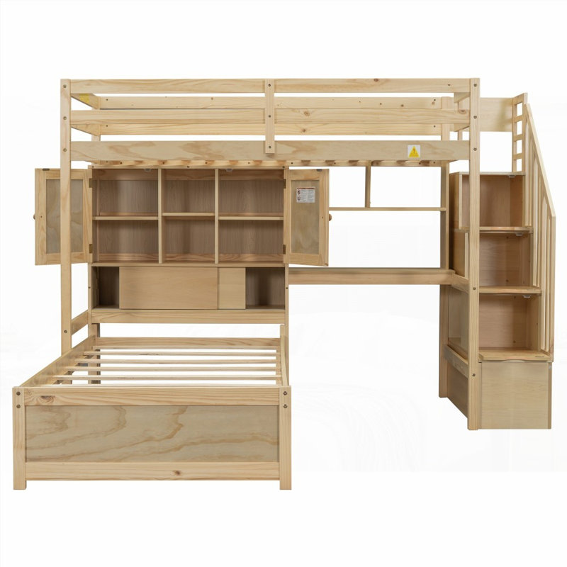 Lit mezzanine simple avec bureau intégré Escalier - Pin massif & amp; Panneau de fibres à densité moyenne, sans sommier, H 67,5 po