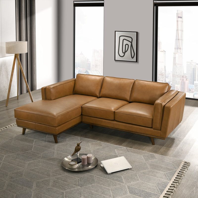 91" Howell Genuine Leather Sectional Mid-Century Modern L-Shaped Sofa with Chaise, Left