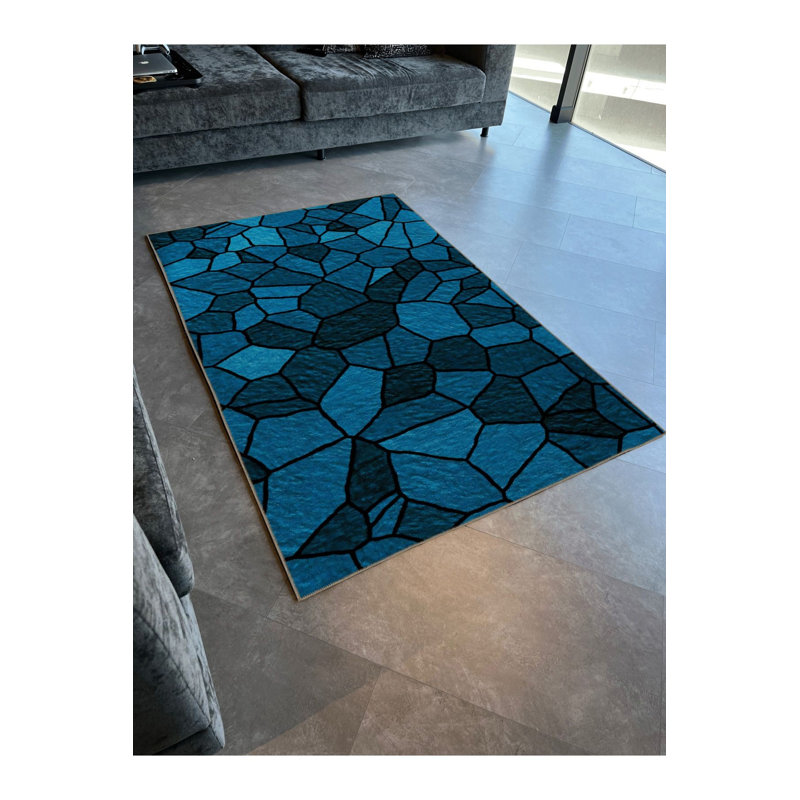 Tapis bleu lavable à motif géométrique bleu, Rectangle 3 pi 3 po x 4 pi 11 po 