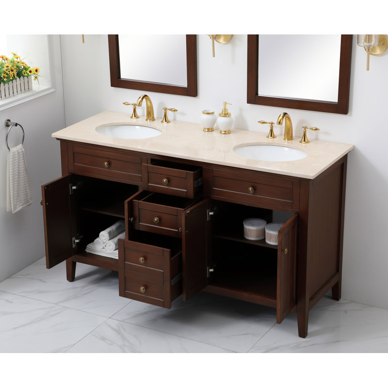 Ain 60'' Double Bathroom Vanity with Marble Top, Teak, Cream