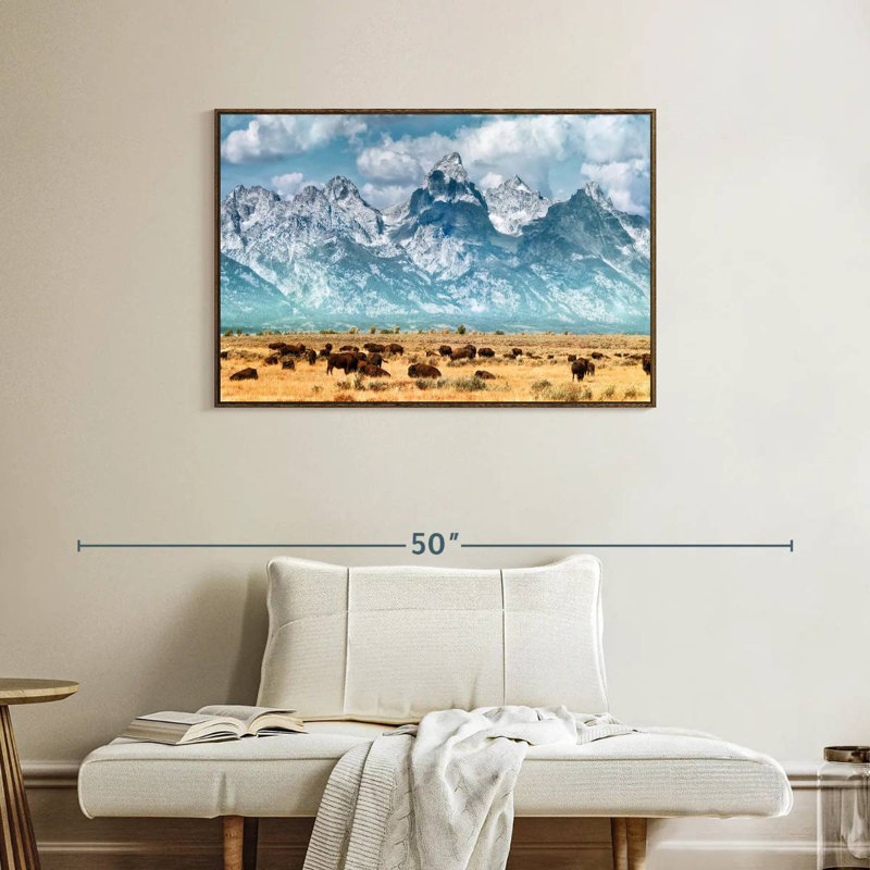 Troupeau de bisons à Grand Teton, 37 po x 25 po, Cadre flottant en noyer