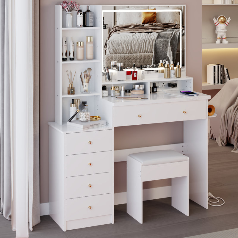 41" Large Size Left Bedside Cabinet Vanity Table+Cushioned Stool Dresser Set, White