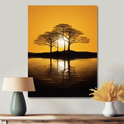 Coucher de soleil jaune à travers des silhouettes d'arbre noir - Art mural chêne
