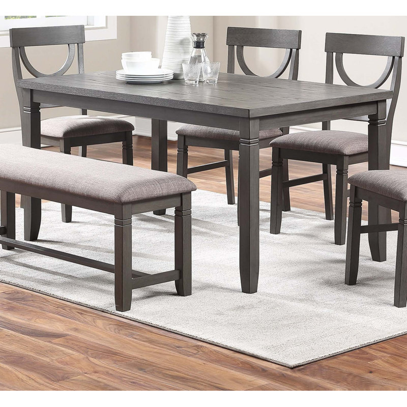Ensemble de 6 chaises de table rectangulaires 4X et banc en bois d'hévéa, Brun, Brun / Gris clair