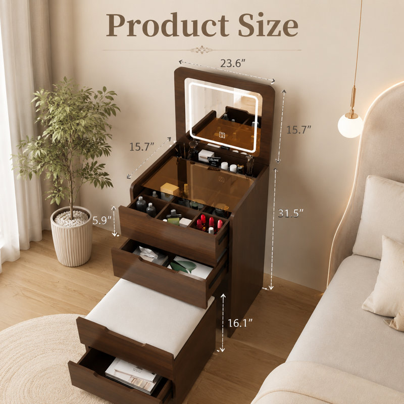 Meuble-lavabo moderne avec miroir éclairé et rangement, coiffeuse et tabouret pour chambre à coucher, vestiaire et salle de bain