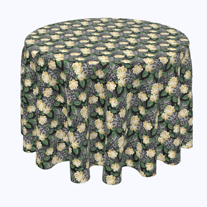 Geometric Round Halloween Tablecloth, 84" L x 84" W, White Rose and Skull Faces
