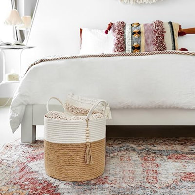 Décoration de panier de rangement tissé en corde pour perles, couvertures, jouets, vêtements, chaussures, bac de rangement pour plantes avec poignées, l 11 po x L 11 po, blanc crème et brun