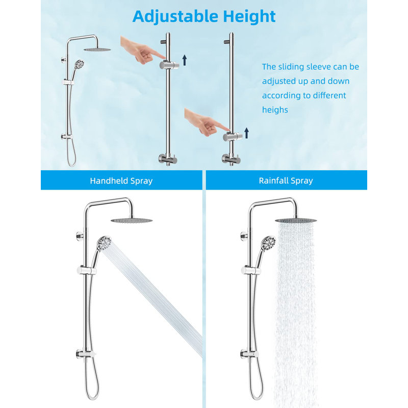 Chrome Adjustable Height Rainfall Shower System with Handheld