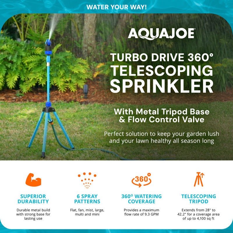 Aqua Joe Adjusting Tripod Sprinkler Mister, 6 Pattern, Telescoping, AJ-6PSTB-MAX