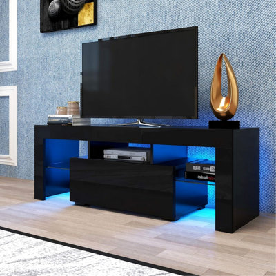 Meuble télé moderne pour le salon et la chambre à coucher, 55 po convenable, blanc avec grand rangement, tablette en verre, porte rabattable vers le bas, téléviseurs avant très lustrés, chambre à coucher