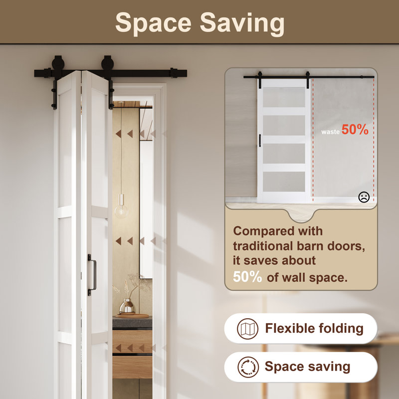 Porte de grange pliante 84 po en bois manufacturé apprêté avec ensemble de quincaillerie d'installation, 40 po x 84 po