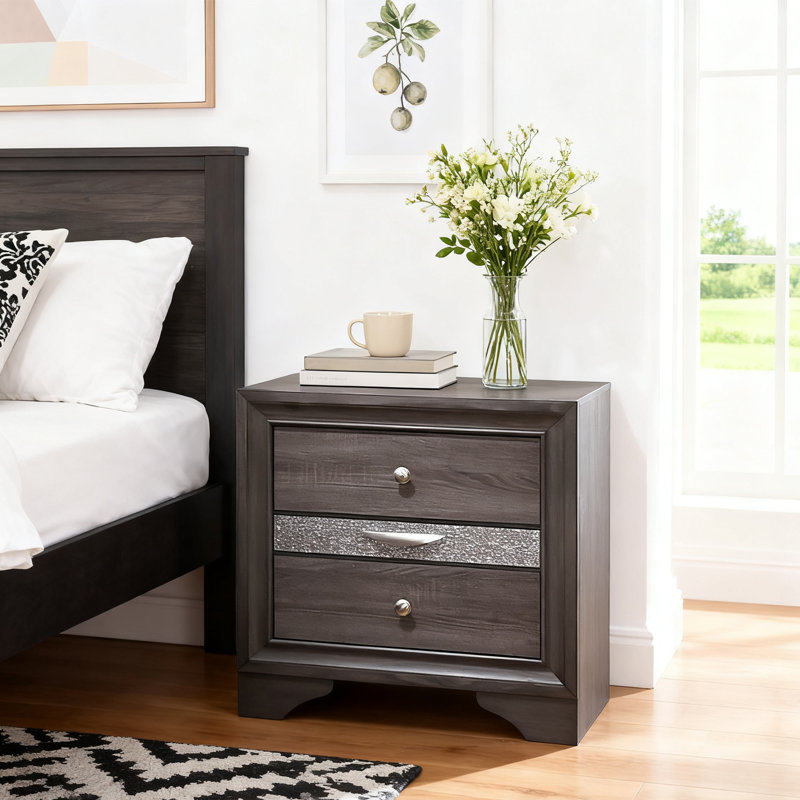 Table de chevet moderne avec 2 tiroirs, Gris