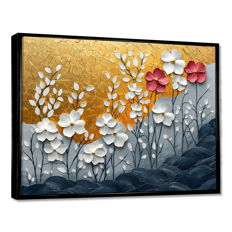 Fleurs sauvages et coquelicots «Golden Horizons» - Art mural fleurs sauvages, Noir, H 12 po x l 20 po, Cadre flottant