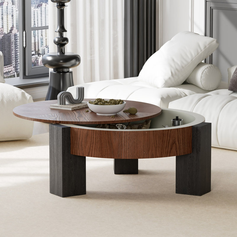 Table basse ronde de 33 po avec rangement caché, table d'appoint moderne en placage de bois Wabi-Sabi, table d'appoint centrale robuste à 3 pieds