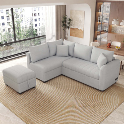 Canapé-lit modulaire en forme de L de 82,6 pouces avec ports USB, prises de courant et repose-pieds de rangement mobile