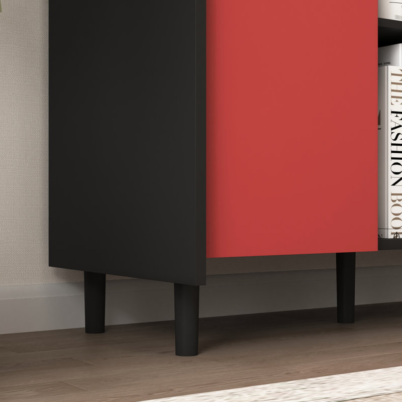Buffet avec 2 tablettes ouvertes et portes rouges avec tiroirs à finition noire pour l'organisation de la cuisine