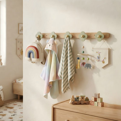 Walnut Wall Mounted Coat Rack with 5 Four Leaf Clover Hooks