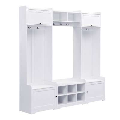 79.1''Wide Modern Hall Tree With Shoe Storage, 4-In-1 Entryway Bench With 8 Cubbies, 7 Coat Hooks & Adjustable Shelf For Hallway, Living Room