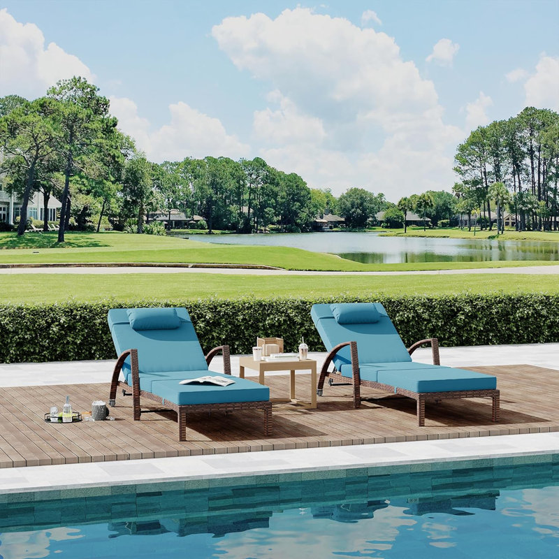 Outdoor Lounge Chairs,2pcs Wicker Pool Chaise Lounge Chairs,Patio Folding Chaise Lounge,5-Position Adjustable, Blue