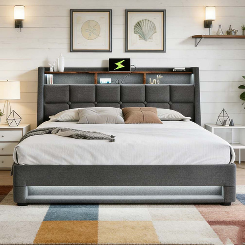 Lit plateforme double tapissier, Gris, Lit double